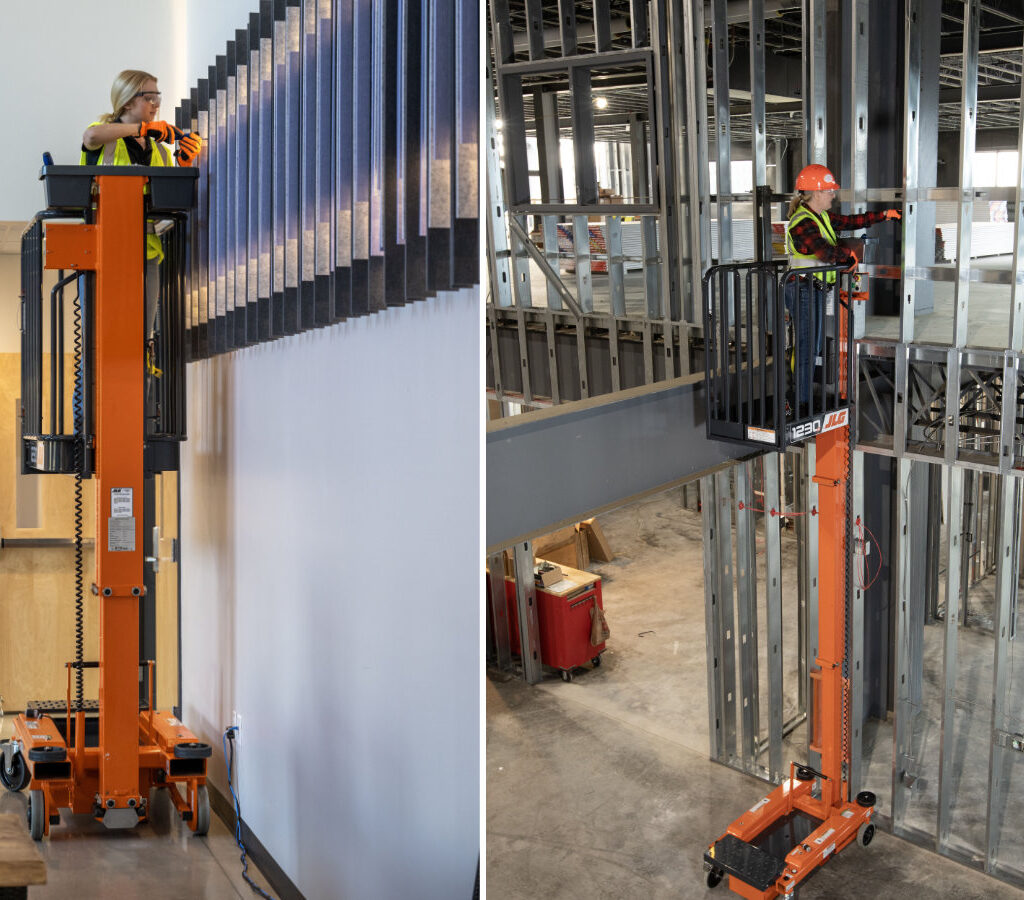 Esta plataformas aérea, liviana y compacta es ideal para para espacios de trabajo estrecho y pisos delicados.| Crédito: JLG