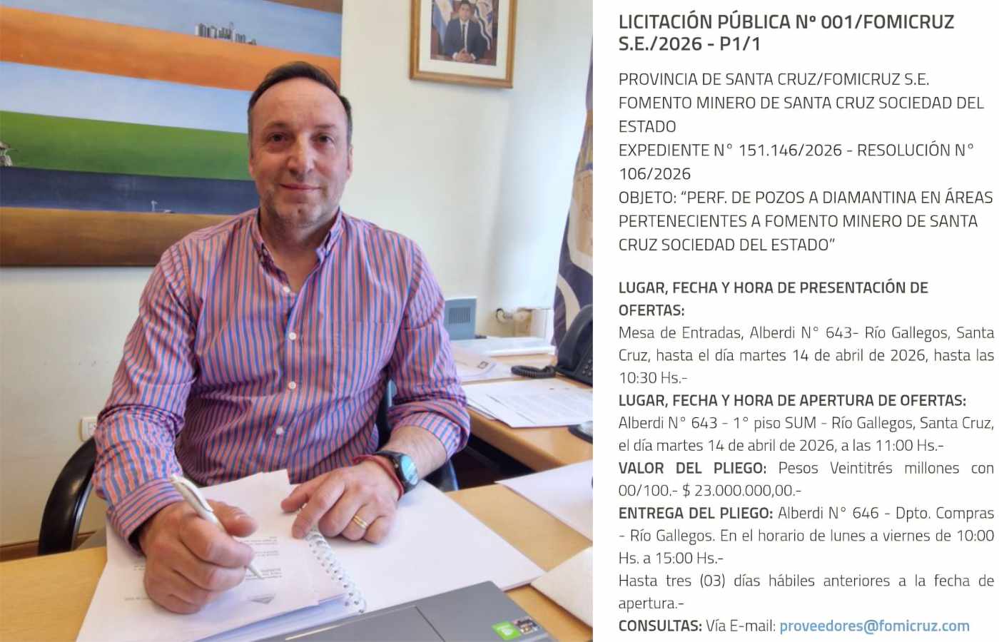 Se busca contratar servicios de perforación diamantina para evaluar el potencial de recursos en áreas provinciales. | Foto: Gobierno de Santa Cruz