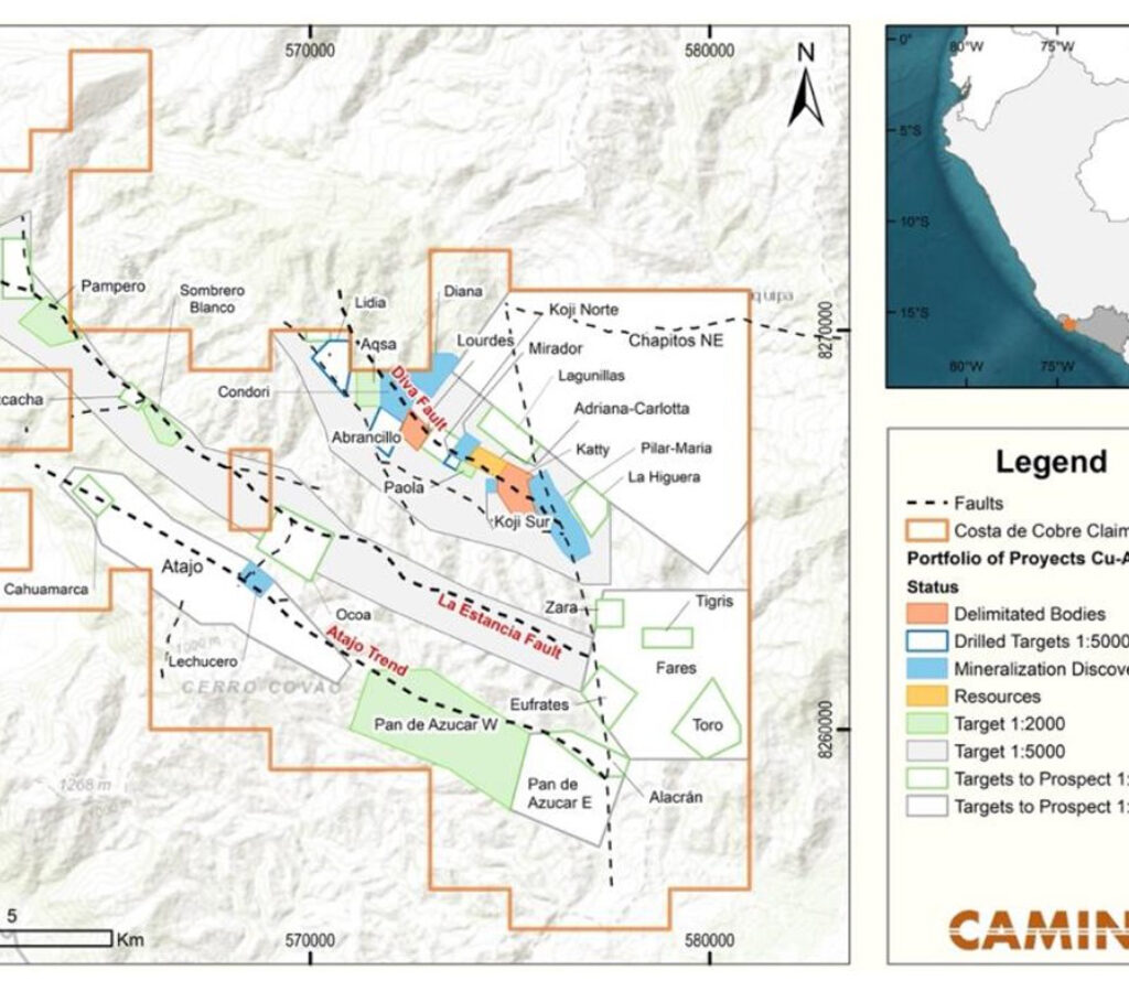 El mapa muestra los tres corredores de cobre del proyecto Costa de Cobre: Diva, La Estancia y Atajo.| Foto: Camino Minerals