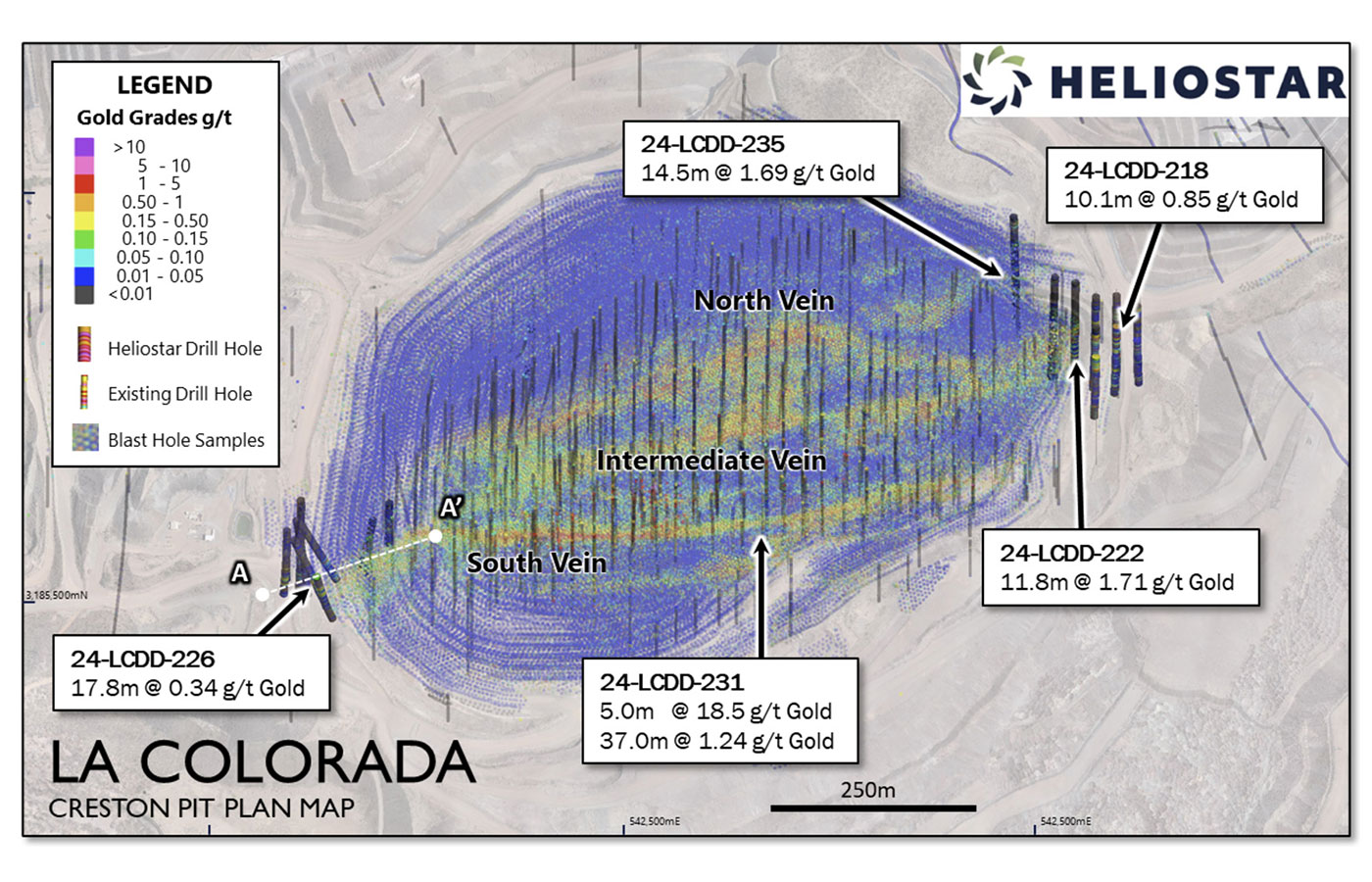 Colorada a mediados de 2025. La mina de oro-plata La Colorada es una explotación minera a cielo abierto y lixiviación en pilas, que comprende 41 concesiones con una cobertura de 10 085 ha.| Crédito: Heliostar