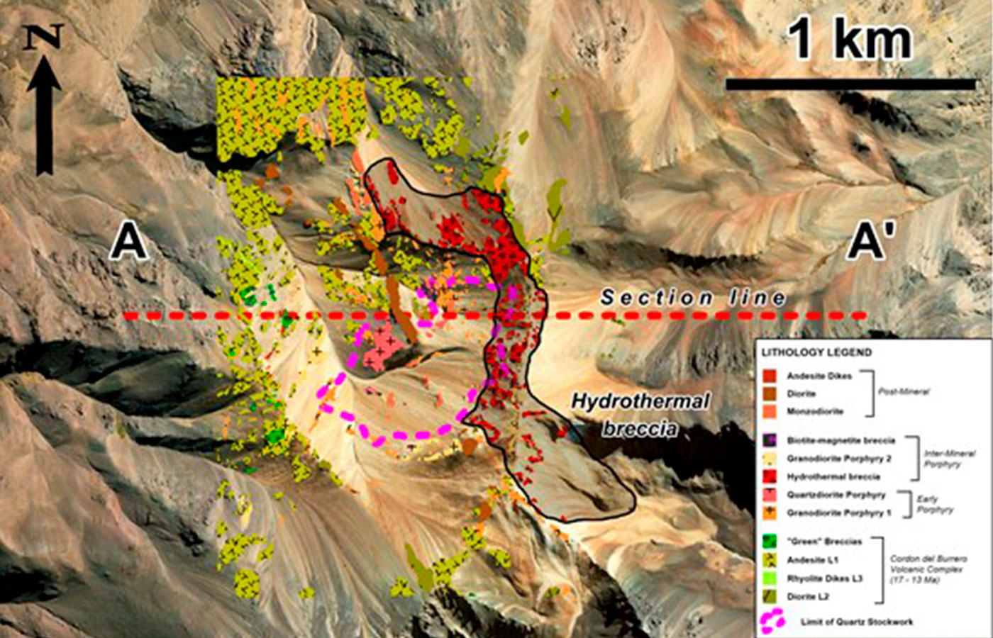 Mapa geológico del objetivo de pórfido de Cu-Au-Mo El Perdido que muestra la brecha hidrotermal recientemente identificada.| Crédito: Kobrea