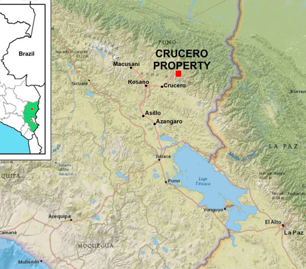 El proyecto Crucero se encuentra en la provincia de Carabaya, a unos 150 kilómetros al norte de Juliaca, una región con historial de proyectos mineros de metales preciosos y base.| Crédito: GoldMining