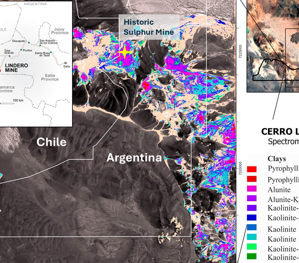 Ubicación e imágenes espectrales del proyecto Cerro Lindo en Argentina.| Crédito: Fortuna Mining