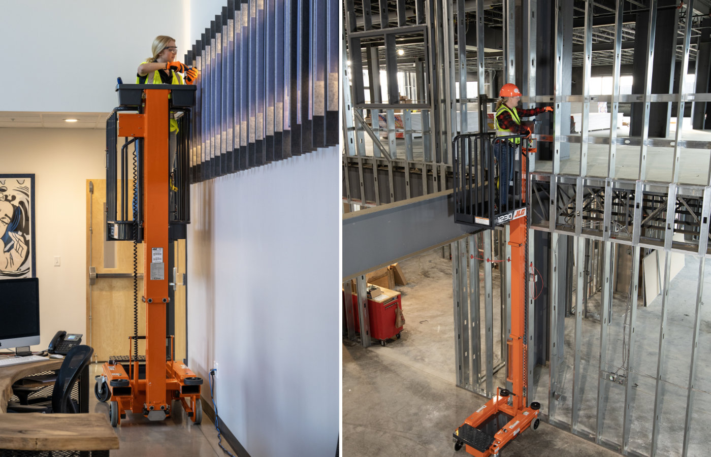 Esta plataformas aérea, liviana y compacta es ideal para para espacios de trabajo estrecho y pisos delicados.| Crédito: JLG