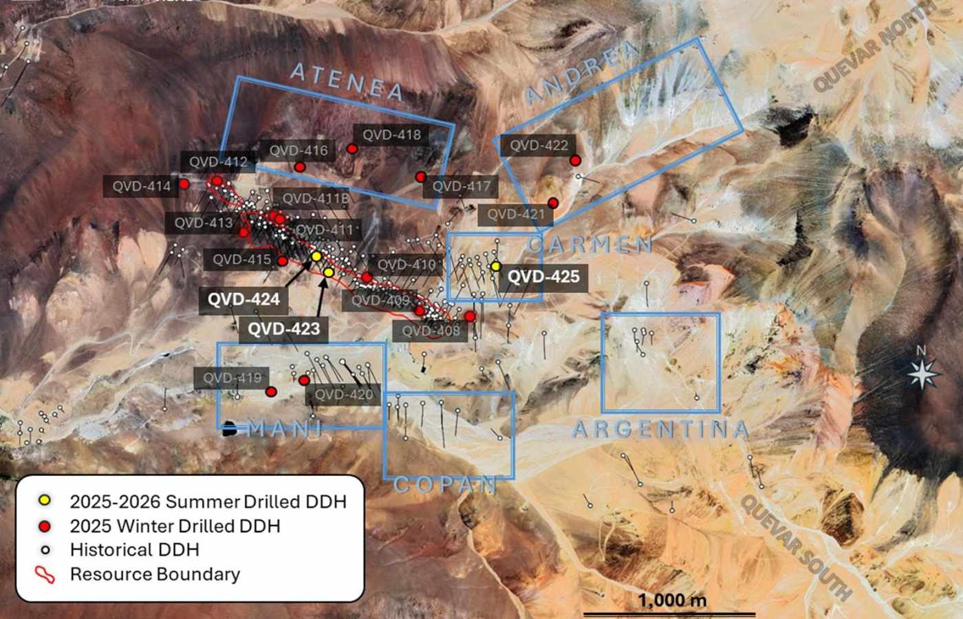 El mapa muestra los pozos recientemente perforados del programa de perforación 2025-2026.| Foto: Argentina Silver