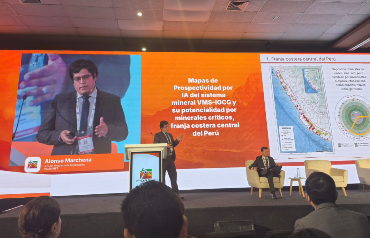 El Ing. Alonso Marchena presentó nuevos mapas predictivos para la identificación de minerales críticos en la costa central.| Ingemmet